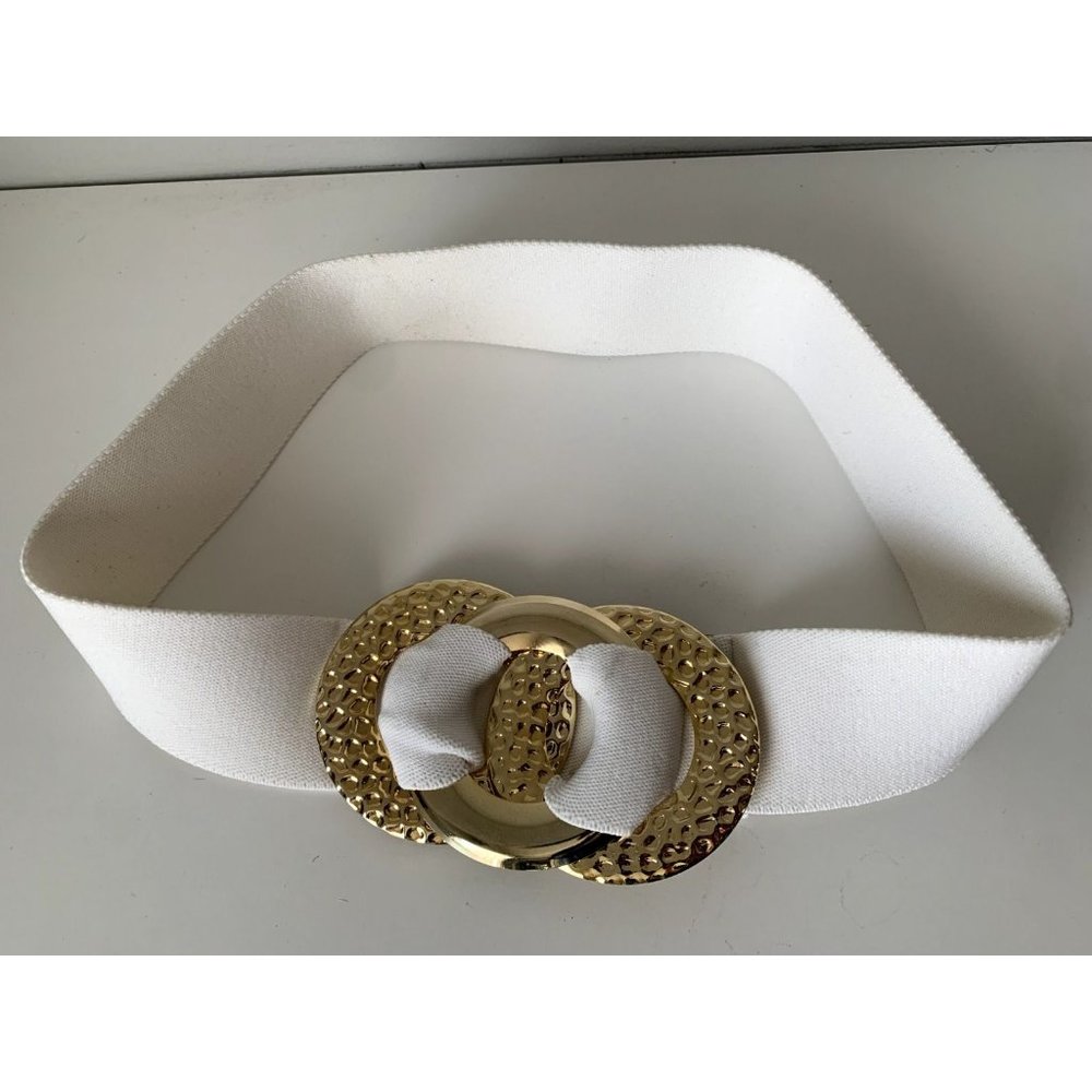 Vintage Statement Belt Womens Gold Accent White Elastic Waist 90s Retro‎ Wide
